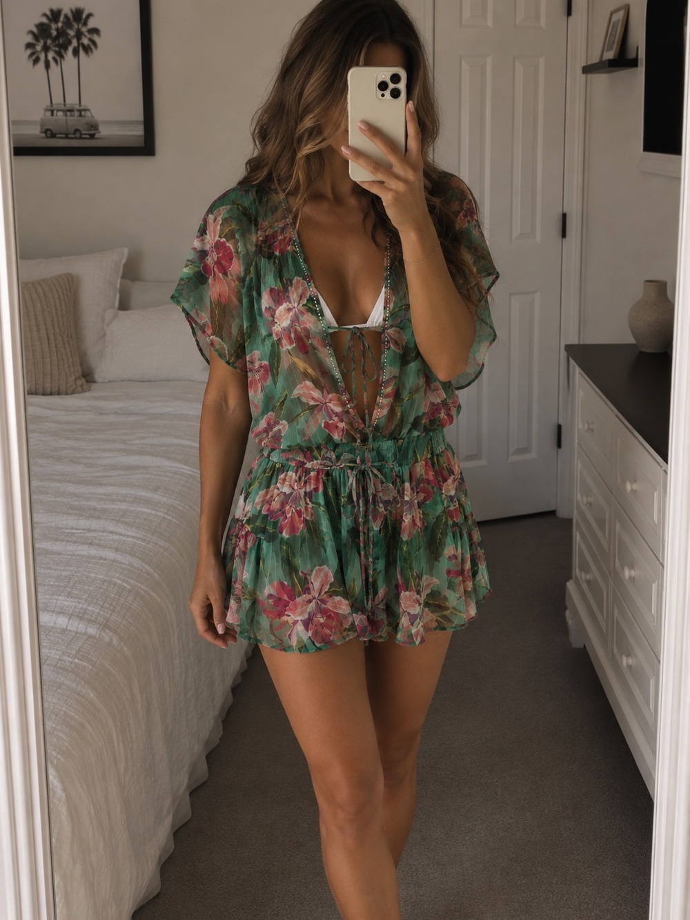 Accessorize Green Floral Sheer Swim Coverup Romper resort wear medium